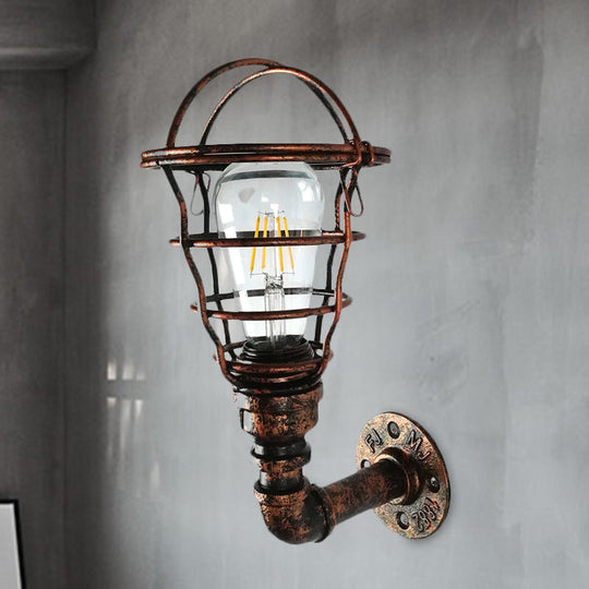 Wire Cage Sconce With Industrial Pipe & Rust Finish