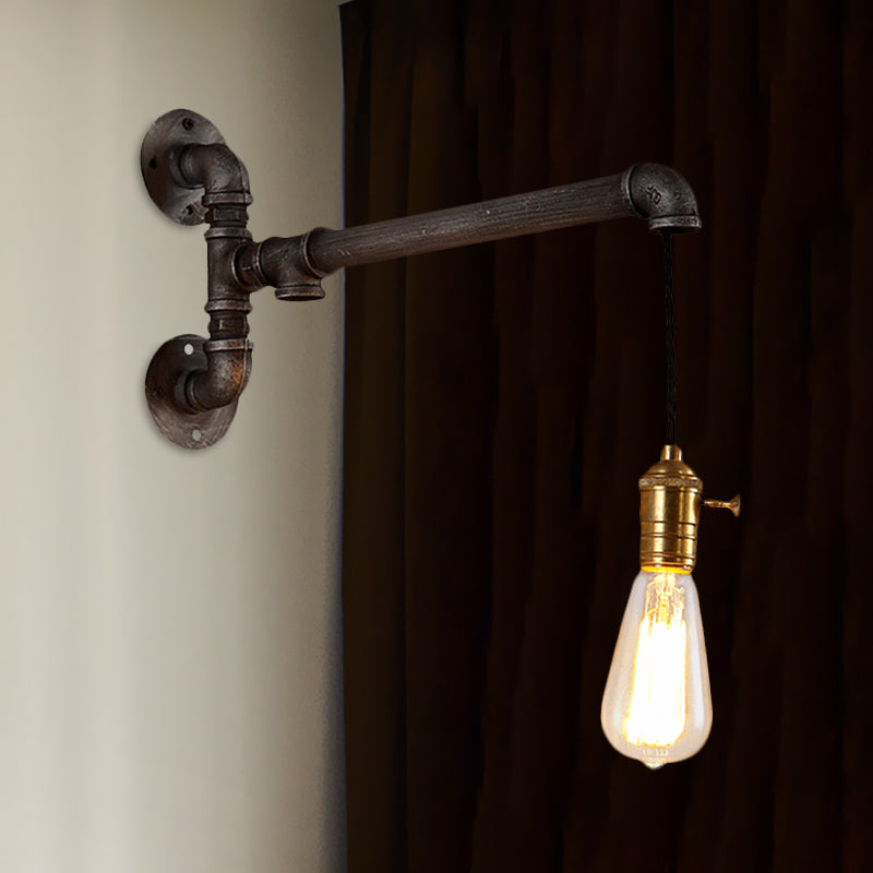 Steampunk Open Bulb Wall Light In Aged Silver - Hanging Cord And Pipe 1 Metal Mount Fixture