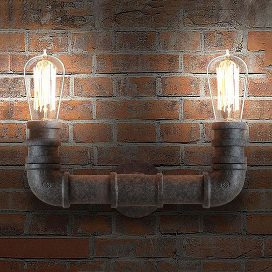 Rustic U-Shaped Wall Sconce Lighting With Wrought Iron Pipe - 2 Lights In Weathered Bronze