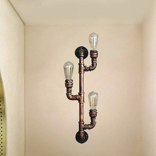 Warehouse Water Pipe Wall Sconce Lamp - Exposed Bulb Iron Light In Weathered Copper (2/3 Lights)