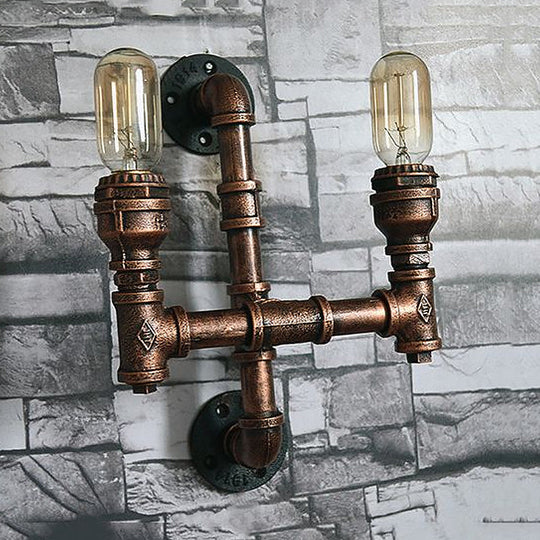 Warehouse Water Pipe Wall Sconce Lamp - Exposed Bulb Iron Light In Weathered Copper (2/3 Lights)