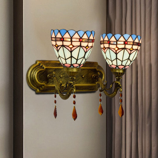 Handcrafted Glass Brass Sconce Light: Geometric 2-Light Tiffany-Style Wall Fixture