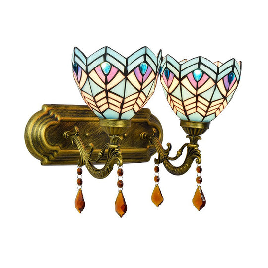 Mediterranean Ridged Bell Stained Glass Wall Sconce - 2-Light Brass Vanity Light Fixture