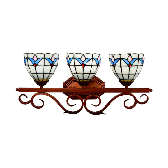 Mission Stained Glass Wall Light Fixture - Bell/Pyramid Shape 3-Head Blue/Green Vanity Lighting