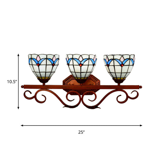 Mission Stained Glass Wall Light Fixture - Bell/Pyramid Shape 3-Head Blue/Green Vanity Lighting