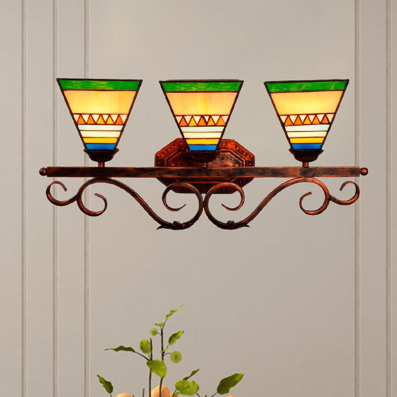 Mission Stained Glass Wall Light Fixture - Bell/Pyramid Shape 3-Head Blue/Green Vanity Lighting