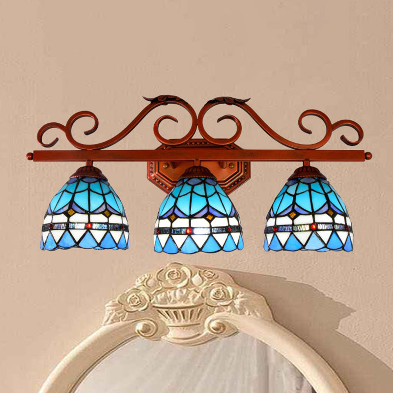 Blue Glass Bell Vanity Wall Light With Mediterranean Style And Copper Scroll Arm - 3 Bulbs Sconce