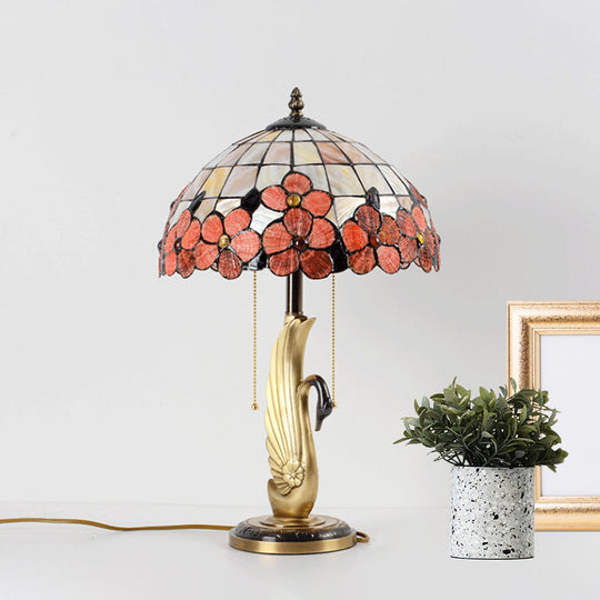 Albali - Pink Flower-Edge Pink Grid Glass Night Lamp Tiffany 2-Light Gold Pull Chain Table Lighting with Swan Base