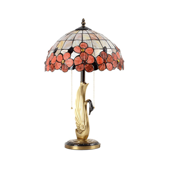 Albali - Pink Flower-Edge Pink Grid Glass Night Lamp Tiffany 2-Light Gold Pull Chain Table Lighting with Swan Base