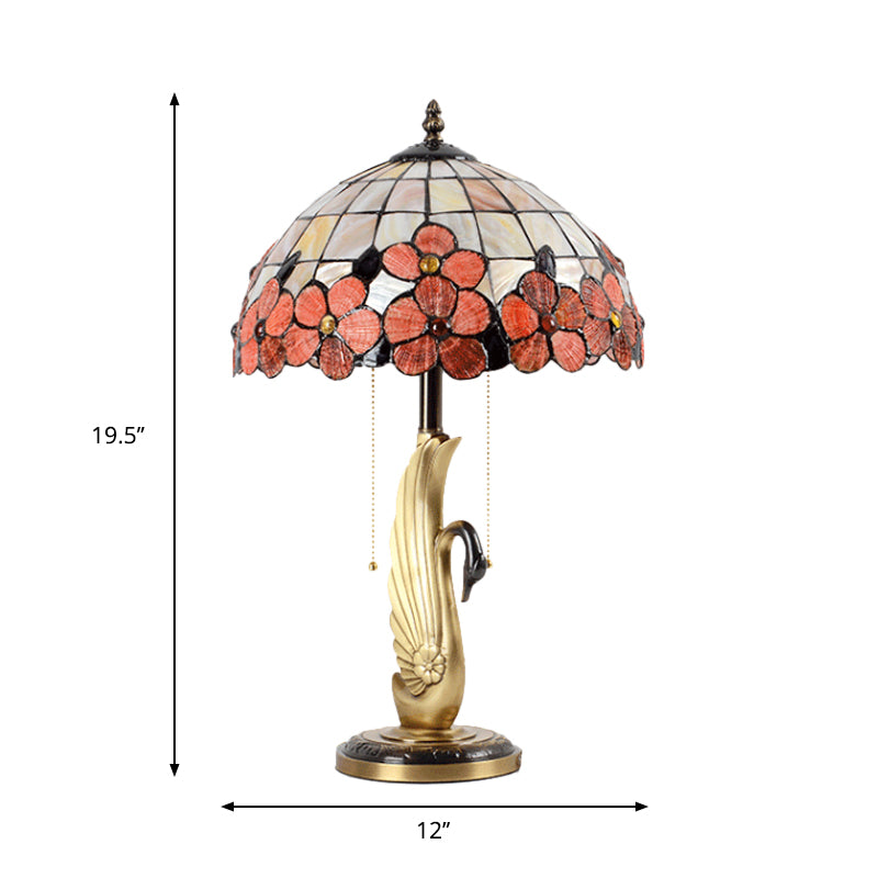 Swan Base Tiffany Glass Night Lamp With Flower-Edge Pink Grid Design 2-Light Pull Chain Table