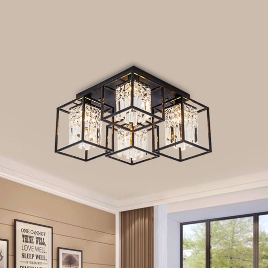 Black Flush Mount Ceiling Lamp with Frame - Modernist Cuboid Shade Semi Mount Lighting (4 Lights)