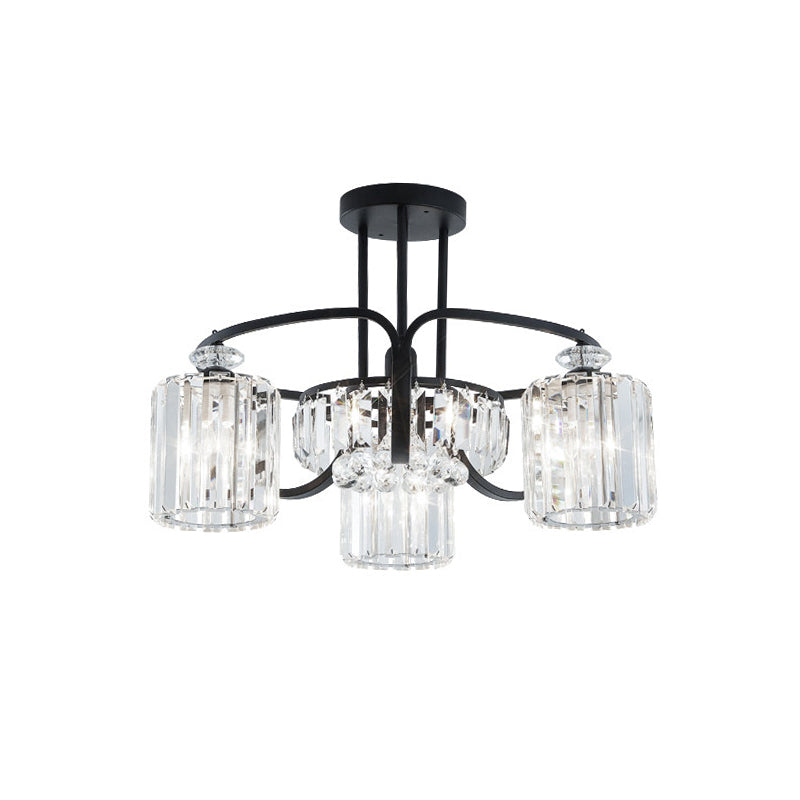 Modern Black Crystal Ceiling Lamp with Clear Cylindrical Shade - Semi Mount, 4/8 Heads Dining Room Lighting Fixture