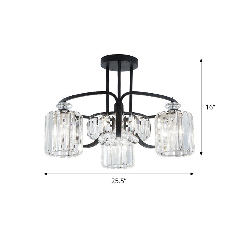 Modern Black Crystal Ceiling Lamp with Clear Cylindrical Shade - Semi Mount, 4/8 Heads Dining Room Lighting Fixture