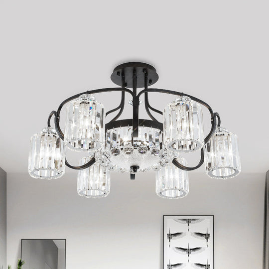 Modern Black Crystal Ceiling Lamp with Clear Cylindrical Shade - Semi Mount, 4/8 Heads Dining Room Lighting Fixture