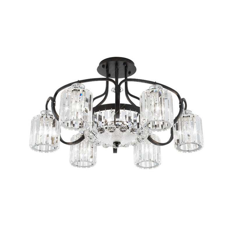 Modern Black Crystal Ceiling Lamp with Clear Cylindrical Shade - Semi Mount, 4/8 Heads Dining Room Lighting Fixture