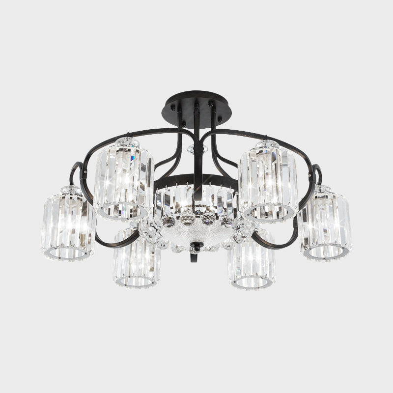 Modern Black Crystal Ceiling Lamp with Clear Cylindrical Shade - Semi Mount, 4/8 Heads Dining Room Lighting Fixture