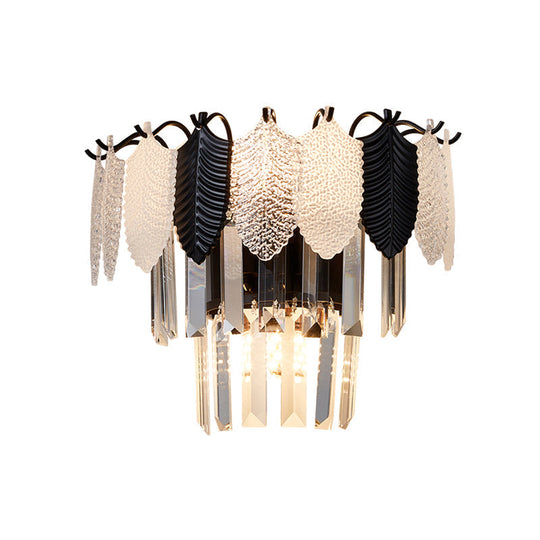 Modern 2-Layer Crystal Rectangle Sconce Light Fixture With 3-Head Black And White Wall Lamp