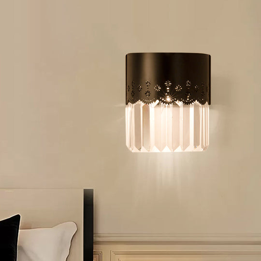 Modern Black Half-Cylinder Wall Sconce: 1-Head Crystal Block Bedside Lamp Fixture