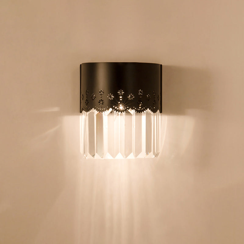 Modern Black Half-Cylinder Wall Sconce: 1-Head Crystal Block Bedside Lamp Fixture