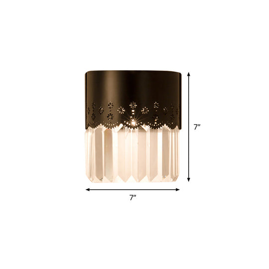 Modern Black Half-Cylinder Wall Sconce: 1-Head Crystal Block Bedside Lamp Fixture