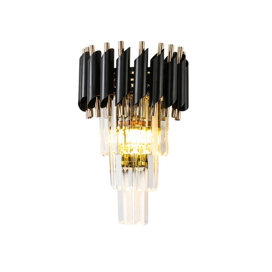 Contemporary Black Rectangle Crystal Tiered Wall Sconce - 2 Lights Mounted Lamp