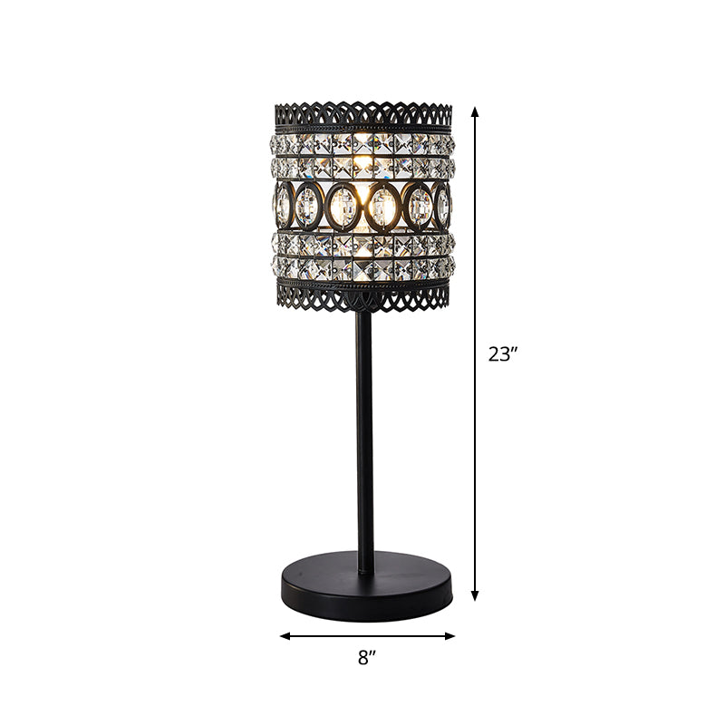 Biham - Modern Cylinder Night Table Light Modern Metallic 1-Head Bedside Nightstand Lamp with Crystal Accent in Black