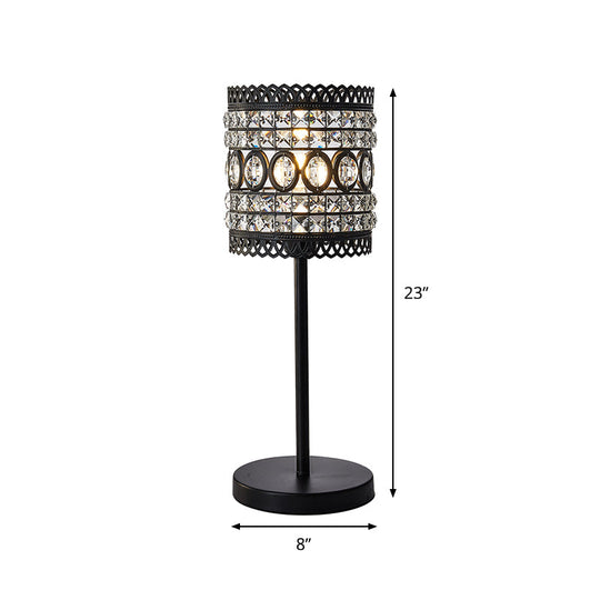 Modern Metallic Cylinder 1-Head Bedside Lamp With Crystal Accent - Black Nightstand Light