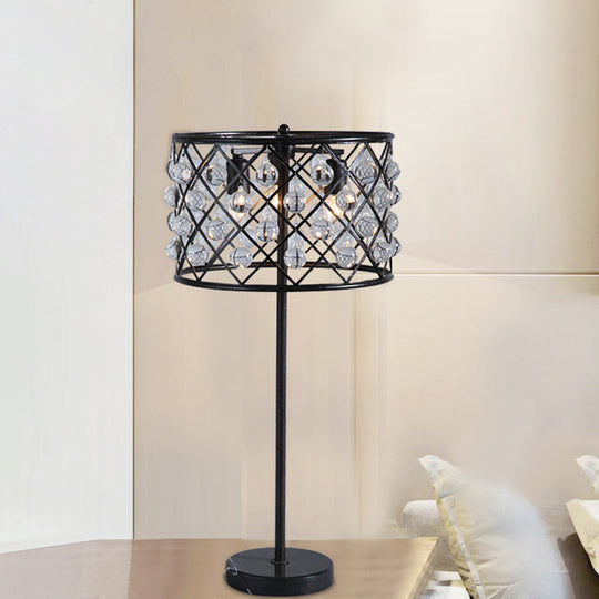 Modernist Grid Nightstand Light - Black Bedside Table Lamp With Crystal Drip Drum Design 3 Lights