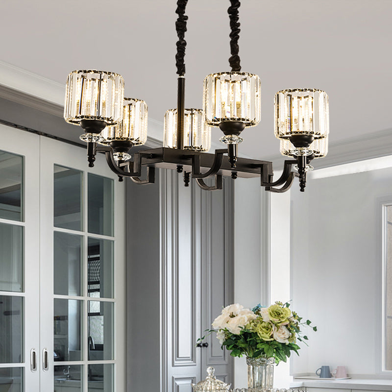 Modern Black Crystal 6-Head Cylinder Dining Room Island Ceiling Suspension Lamp