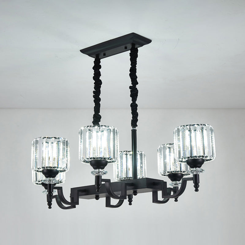 Modern Black Crystal 6-Head Cylinder Dining Room Island Ceiling Suspension Lamp