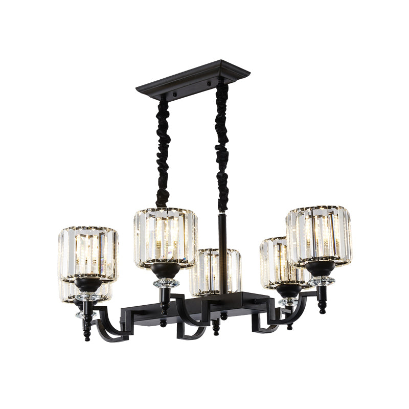 Modern Black Crystal 6-Head Cylinder Dining Room Island Ceiling Suspension Lamp