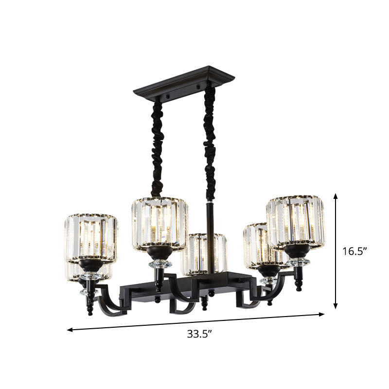 Modern Black Crystal 6-Head Cylinder Dining Room Island Ceiling Suspension Lamp