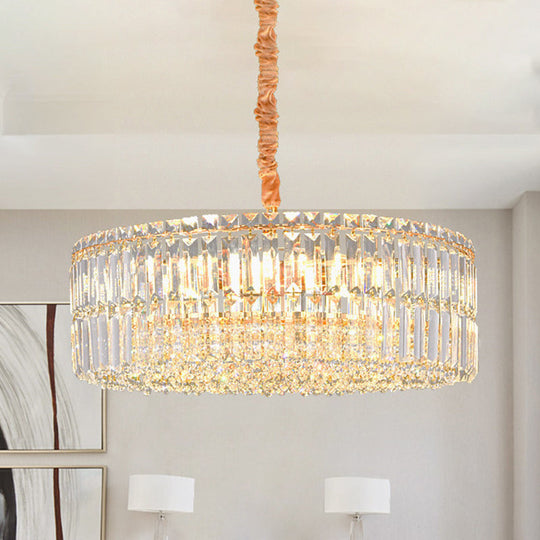 Minimalist Drum Shaped Crystal Chandelier Pendant with Layered Clear Crystals & 6 Bulbs