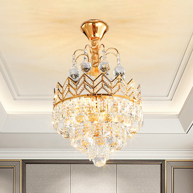 Gold Crystal Ceiling Mount Light - Conical Semi Flush With Crown Design 3 Bulbs