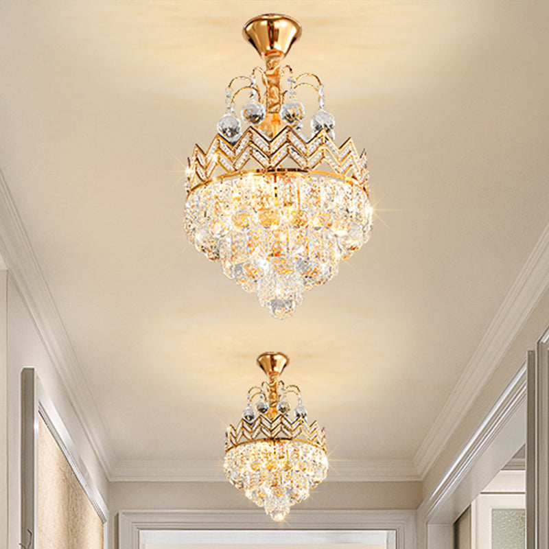 Gold Crystal Ceiling Mount Light - Conical Semi Flush With Crown Design 3 Bulbs