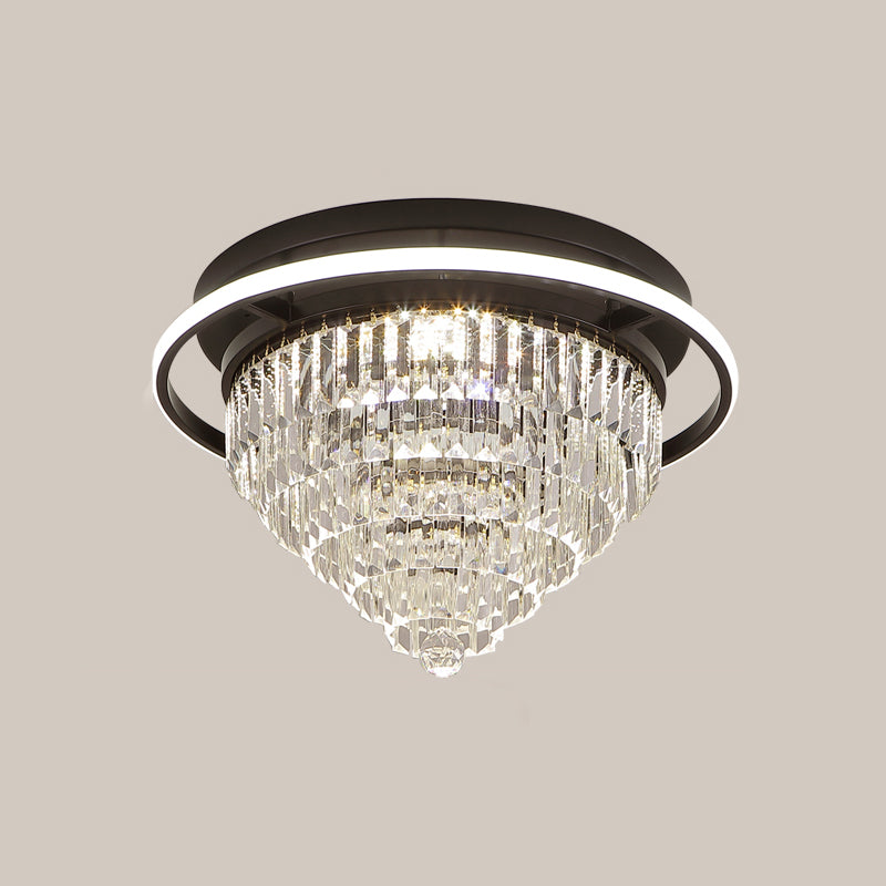 Modern Crystal LED Bedroom Flush Light with Prism Cone and Halo Ring