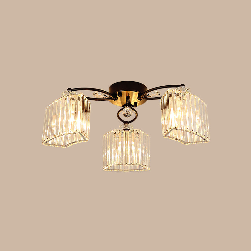 Modern Crystal Prism Flush Chandelier With Curved Design - Clear Semi Mount Ceiling Light (3/9