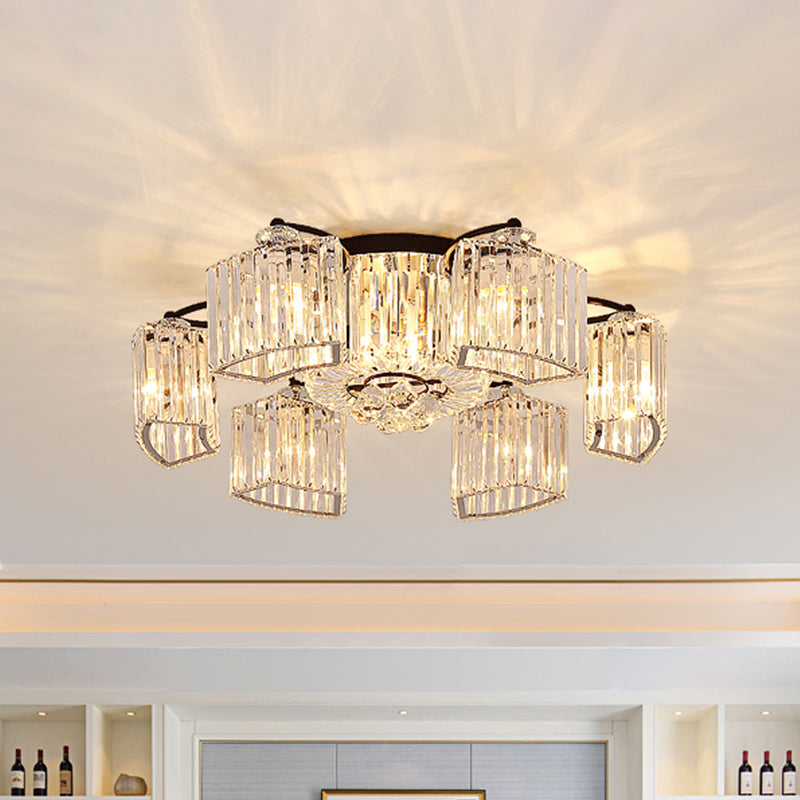 Modern Crystal Prism Flush Chandelier with Curved Design - Clear Semi Flush Mount Ceiling Light (3/9 Heads)