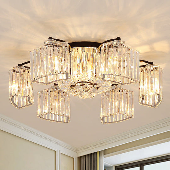 Modern Crystal Prism Flush Chandelier with Curved Design - Clear Semi Flush Mount Ceiling Light (3/9 Heads)