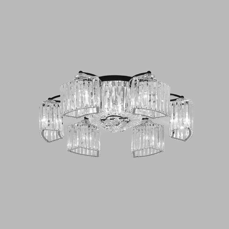 Modern Crystal Prism Flush Chandelier with Curved Design - Clear Semi Flush Mount Ceiling Light (3/9 Heads)