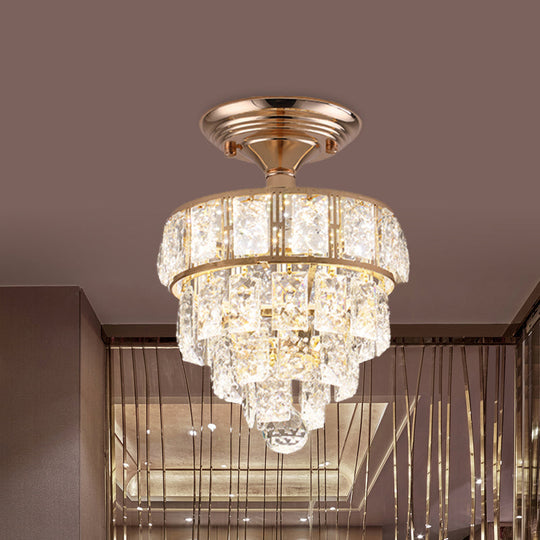 Modern Gold Beveled Crystal LED Ceiling Flush Mount with 4 Tiers - Elegant Hallway Lighting