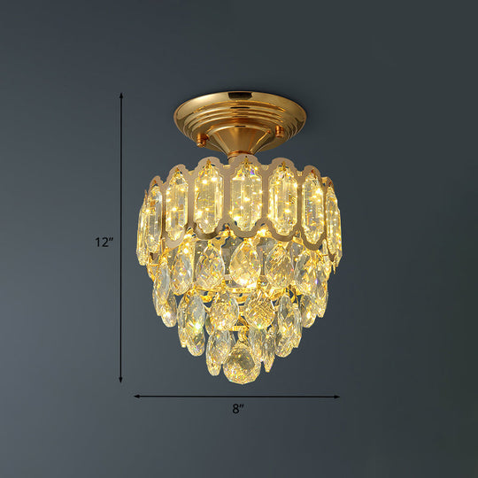 Gold Led Crystal Foyer Ceiling Lamp - Tapered Shape Postmodern Design Semi-Flush Mount