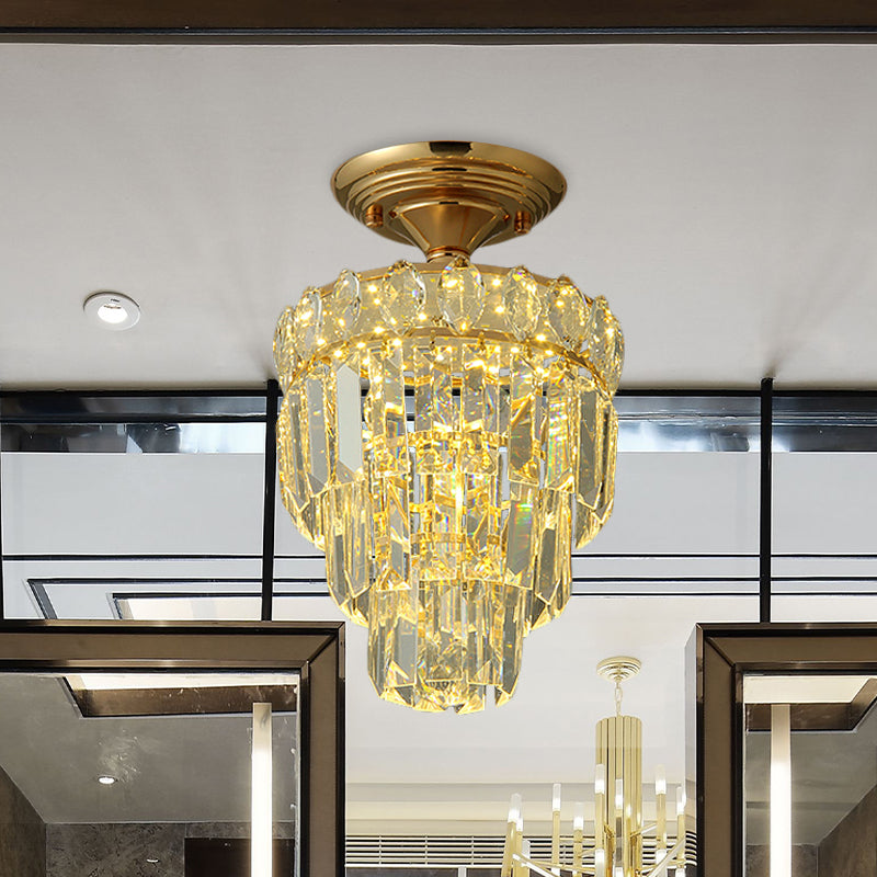 Gold LED Crystal Foyer Ceiling Lamp - Tapered Shape, Postmodern Design, Semi-Flush Mount