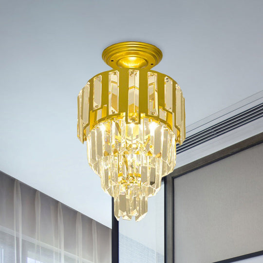 Gold Flush-Mount Crystal Rods Post-Modern Semi Flush Ceiling Light Fixture, 4-Tier Taper Design