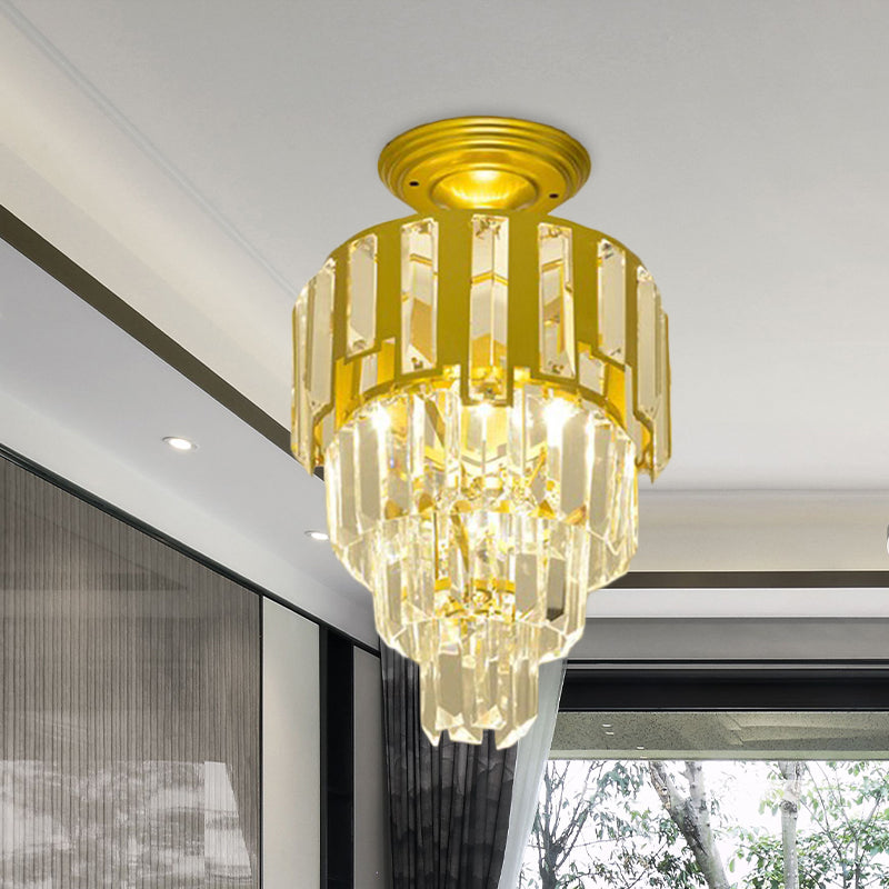 Gold Flush-Mount Crystal Rods Post-Modern Semi Flush Ceiling Light Fixture, 4-Tier Taper Design