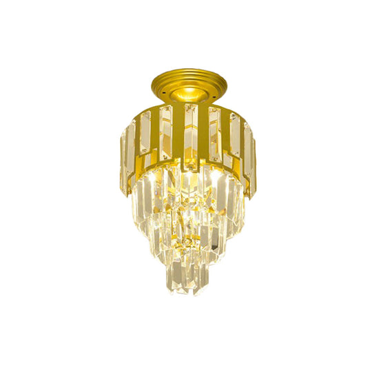 Gold Flush-Mount Crystal Rods Post-Modern Semi Flush Ceiling Light Fixture, 4-Tier Taper Design