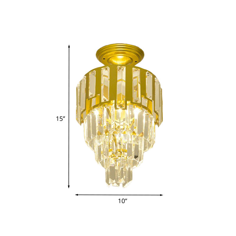 Gold Flush-Mount Crystal Rods Post-Modern Semi Flush Ceiling Light Fixture, 4-Tier Taper Design