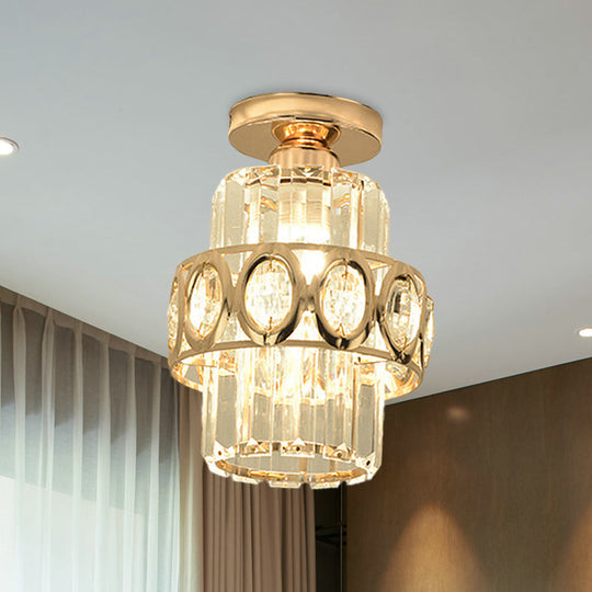 Modern 1-Light Cylinder Crystal Flush Ceiling Light in Gold with Circlet/Leaf Guard