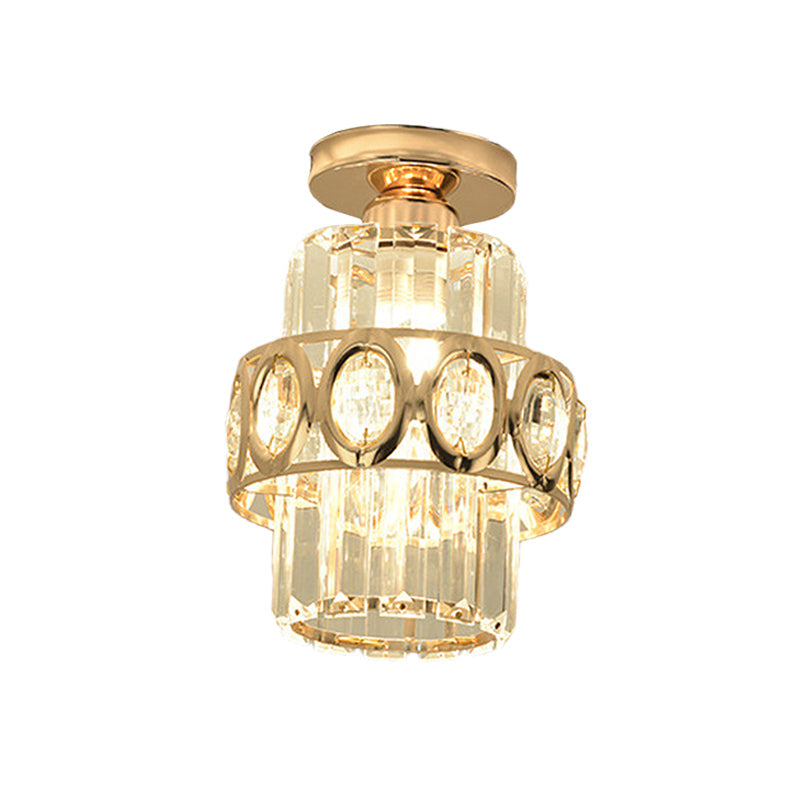 Modern 1-Light Cylinder Crystal Flush Ceiling Light in Gold with Circlet/Leaf Guard