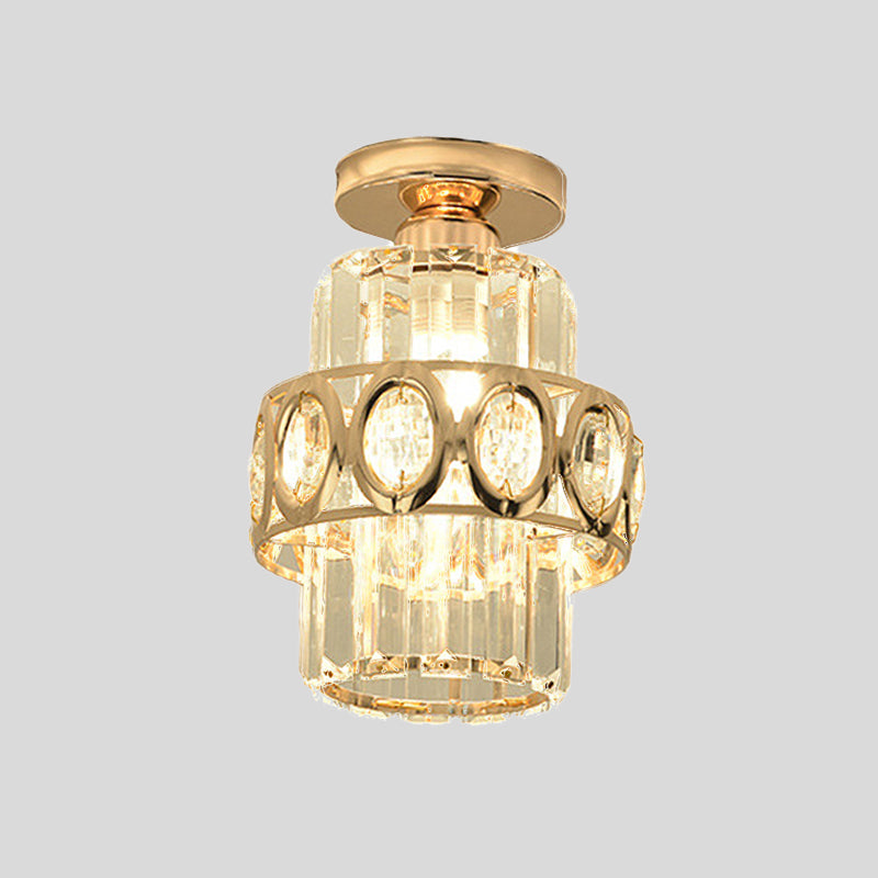 Modern 1-Light Cylinder Crystal Flush Ceiling Light in Gold with Circlet/Leaf Guard